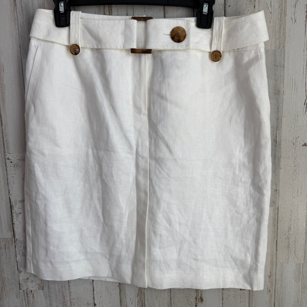 Talbots Skirt Womens‎ 12P White Irish Linen Midi Safari Vacation Belted Classic